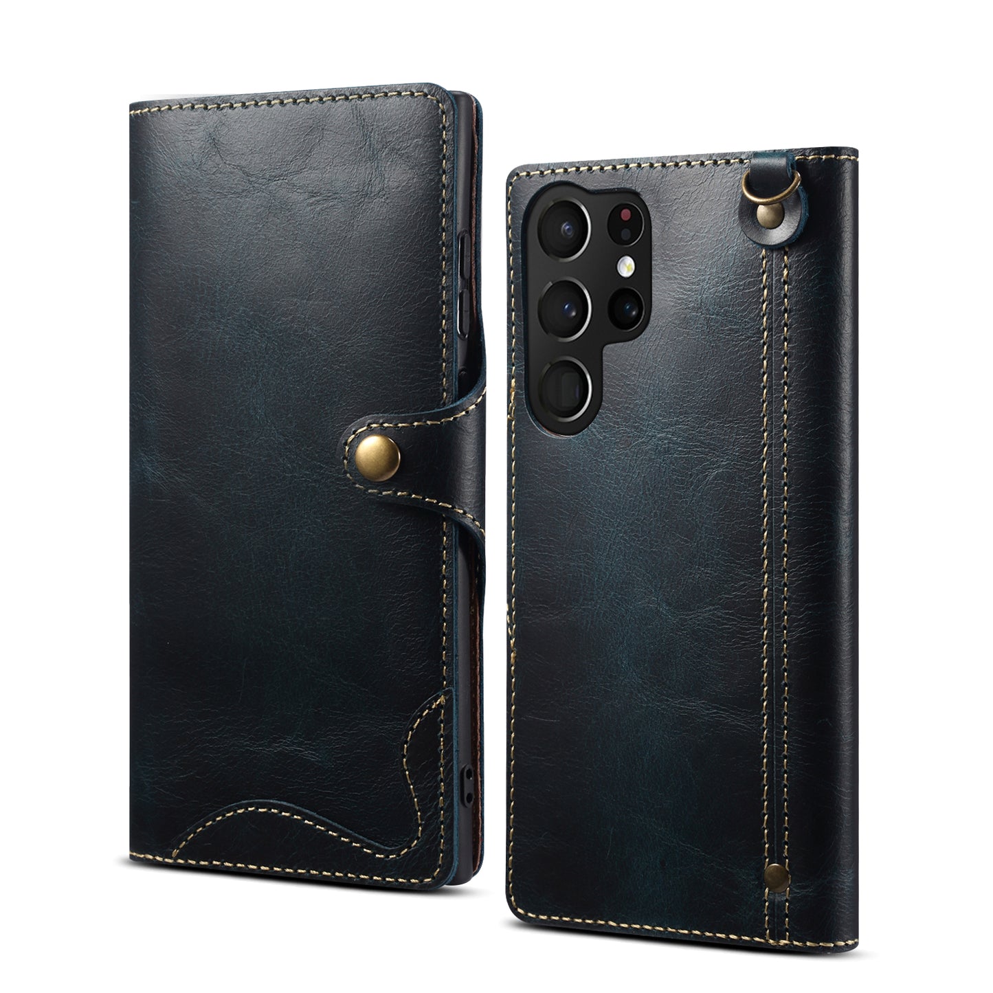 Genuine Cowhide Leather Button Flip Case for Samsung
