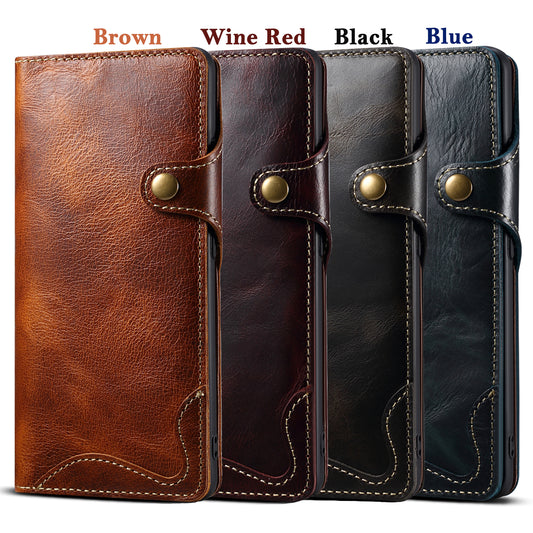 Genuine Cowhide Leather Button Flip Case for Samsung