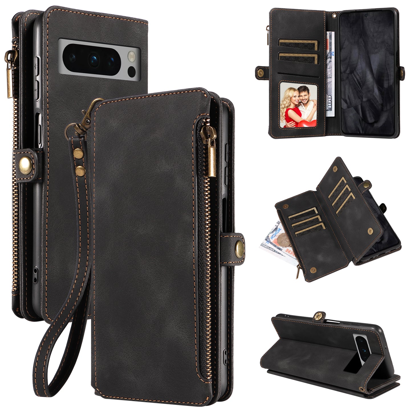 RFID Wallet Case with 9 Credit Card Holder Zipper Phone Cover for Google Pixel