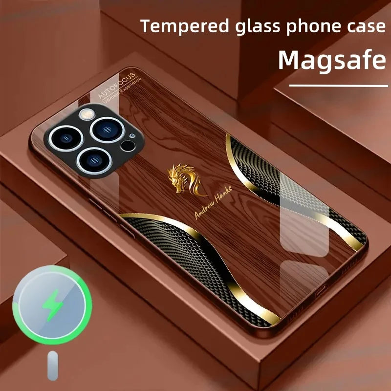 Personalized Magsafe Dragon Wood Grain Glass Phone Case