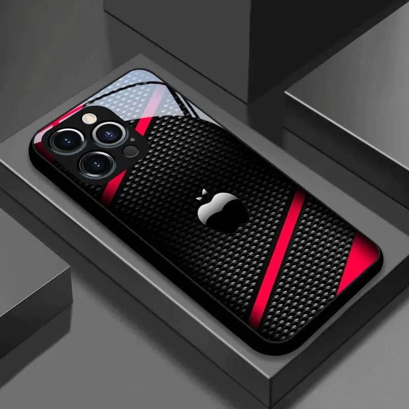 Black Carbon Fiber Apple Pattern Glass Phone Case For iPhone