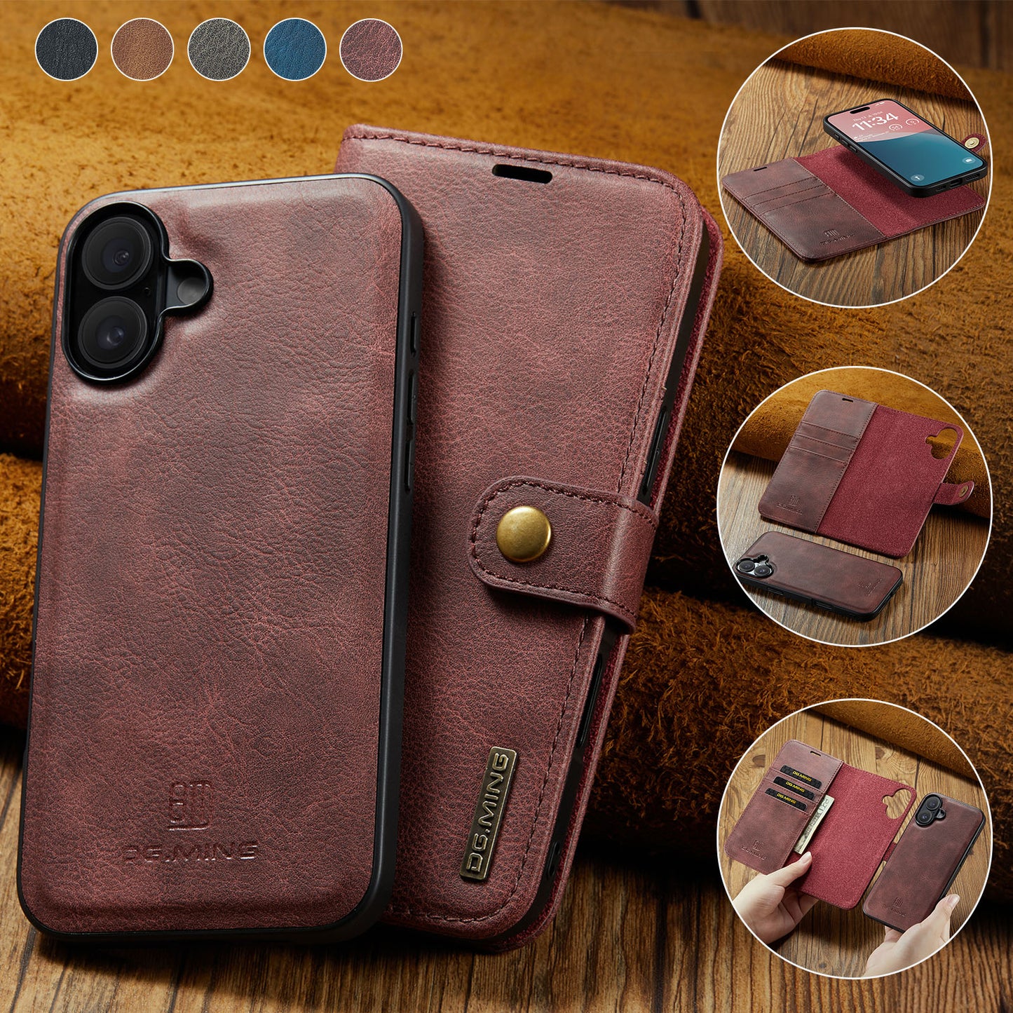 2 in 1 Detachable Flip Leather Case for iPhone 16 Plus