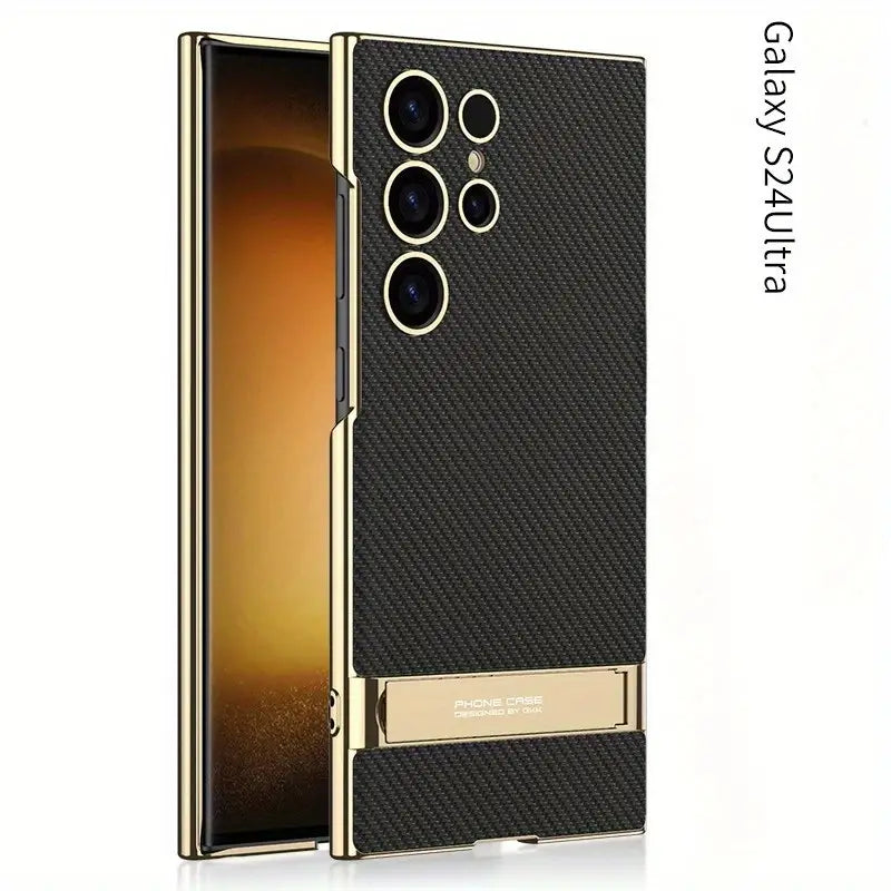 Electroplated Slim Plain Faux Leather Bracket Phone Case for Samsung Galaxy S24 Ultra