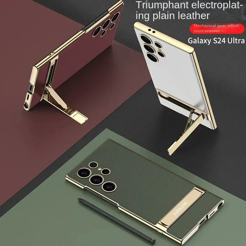 Electroplated Slim Plain Faux Leather Bracket Phone Case for Samsung Galaxy S24 Ultra