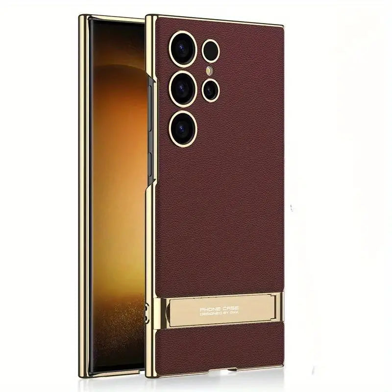 Electroplated Slim Plain Faux Leather Bracket Phone Case for Samsung Galaxy S24 Ultra