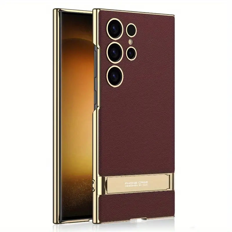 Electroplated Slim Plain Faux Leather Bracket Phone Case for Samsung Galaxy S24 Ultra