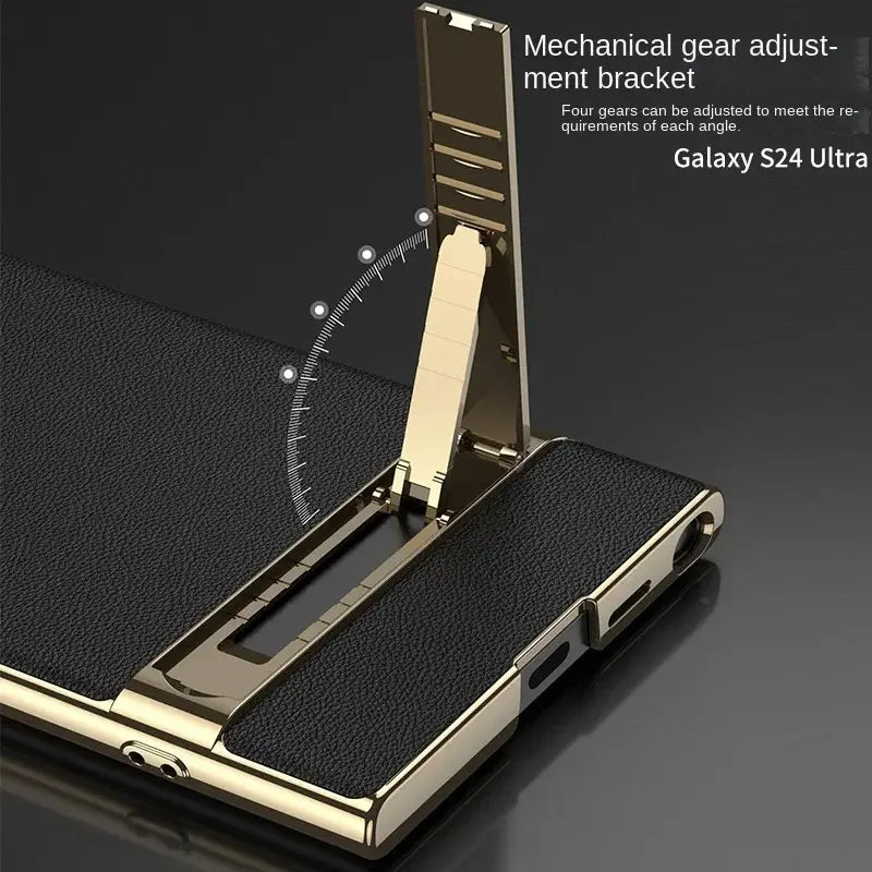 Electroplated Slim Plain Faux Leather Bracket Phone Case for Samsung Galaxy S24 Ultra