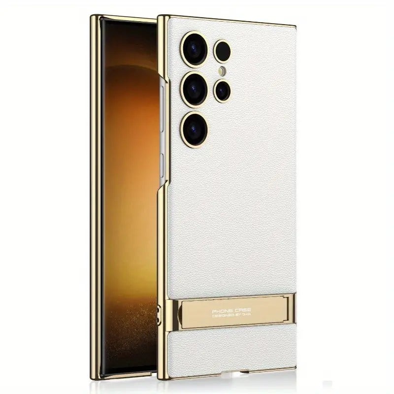 Electroplated Slim Plain Faux Leather Bracket Phone Case for Samsung Galaxy S24 Ultra