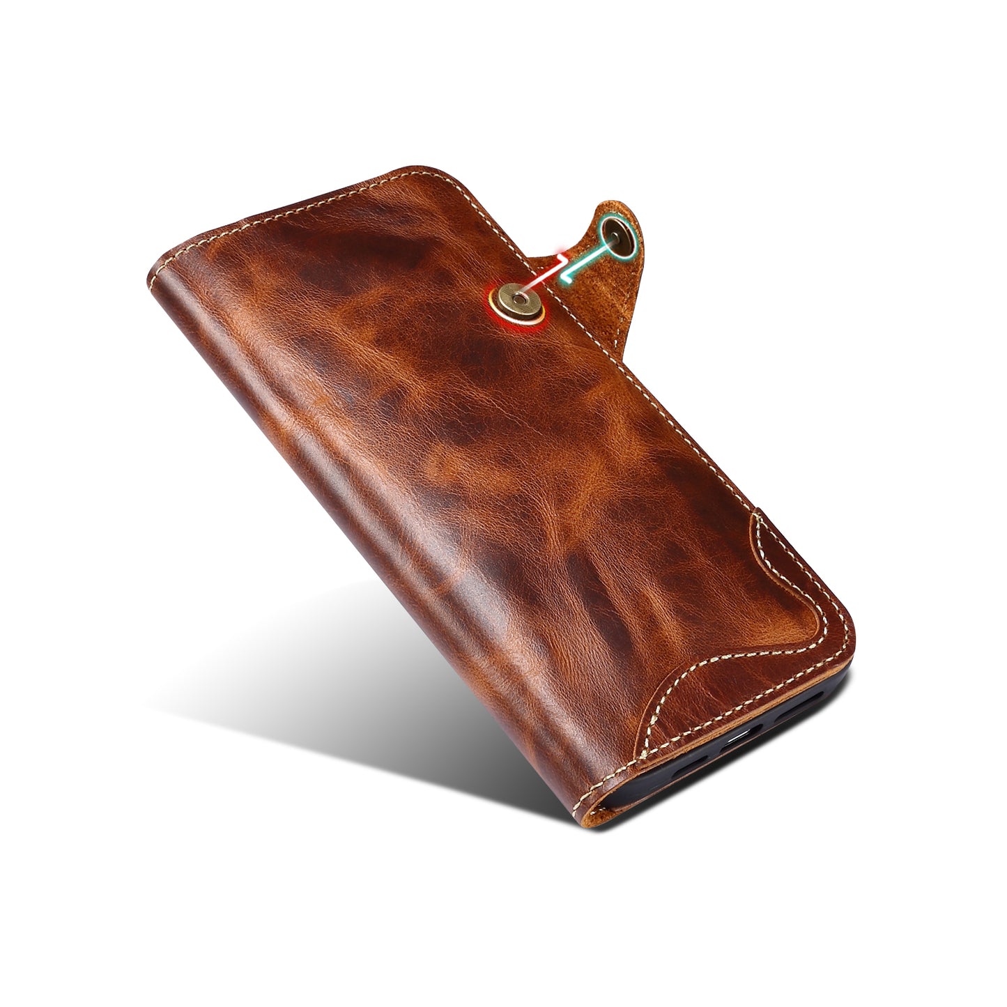 Genuine Cowhide Leather Button Flip Case for iPhone