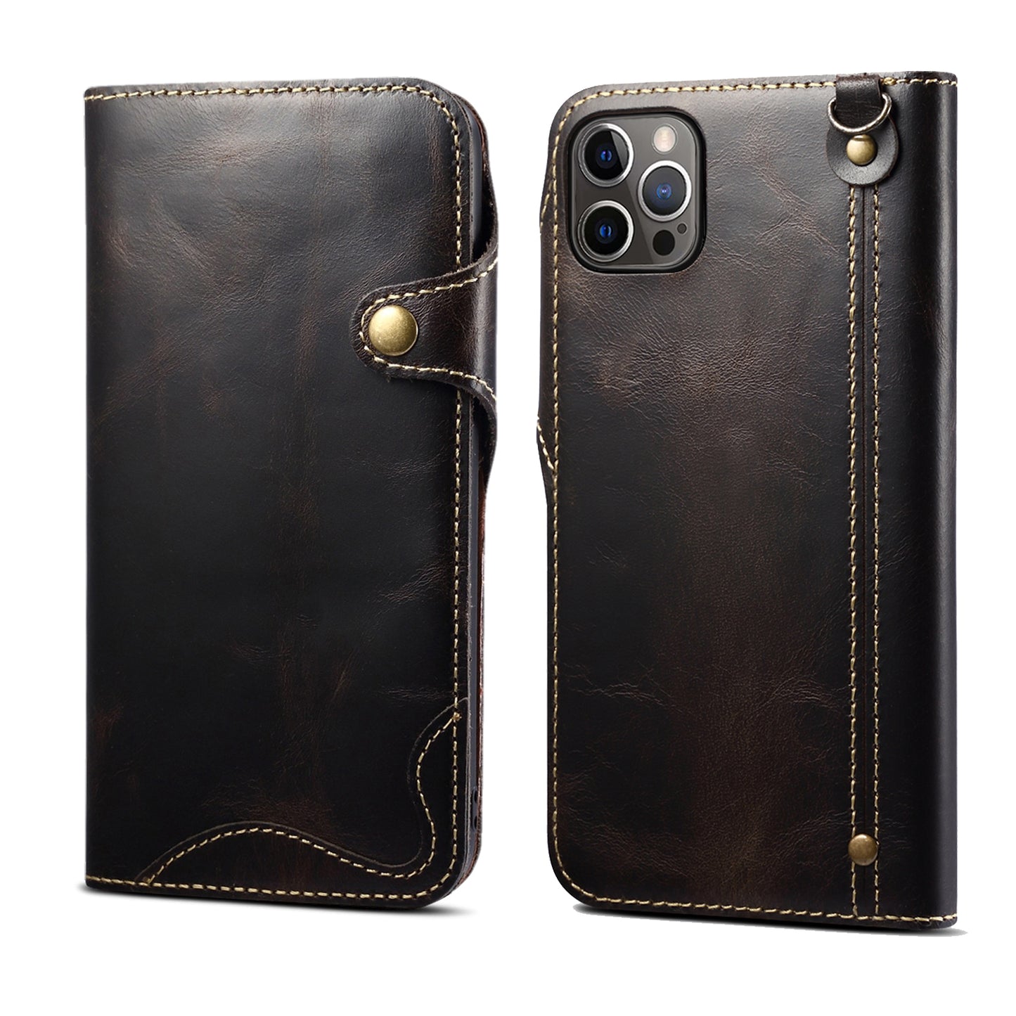 Genuine Cowhide Leather Button Flip Case for iPhone