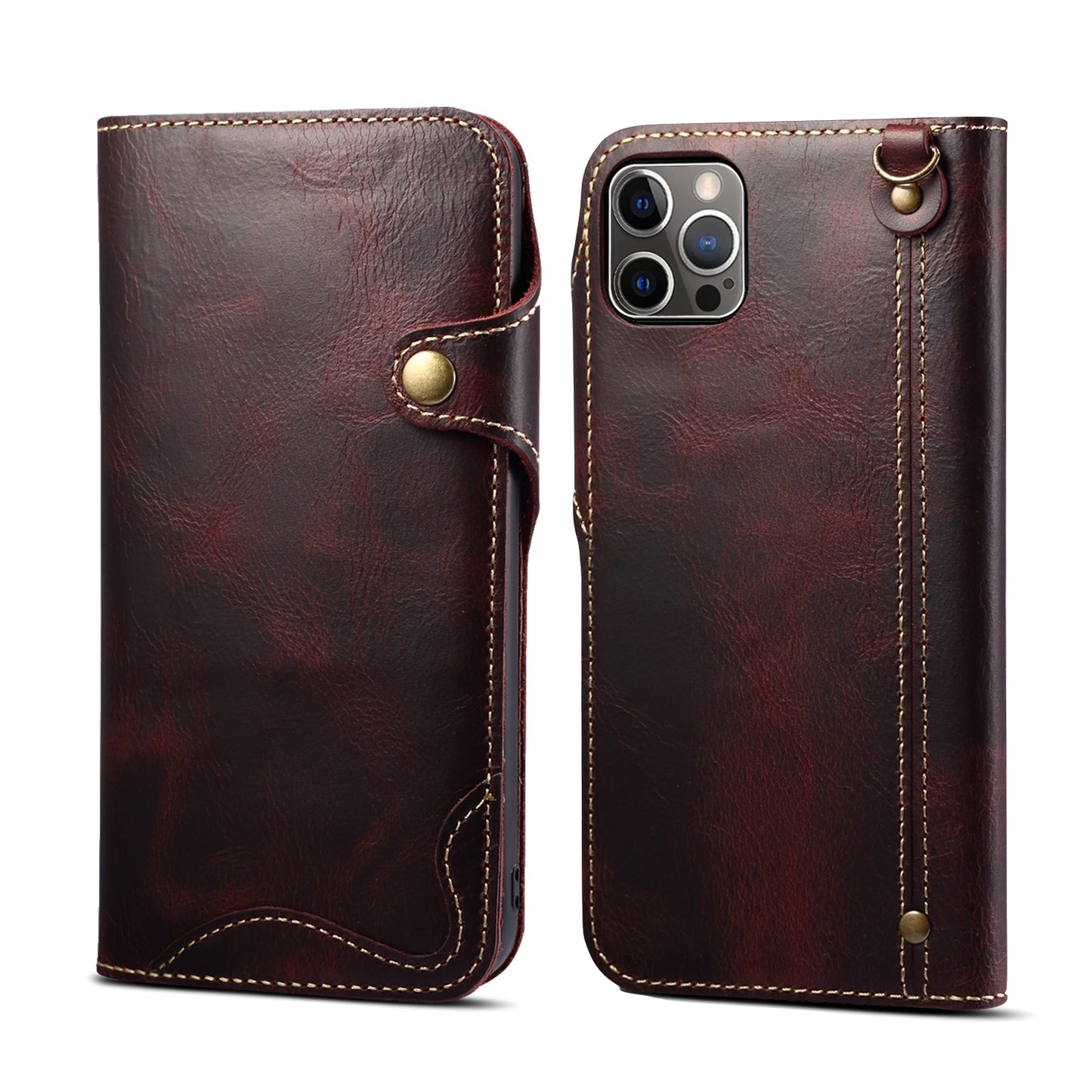 Genuine Cowhide Leather Button Flip Case for iPhone