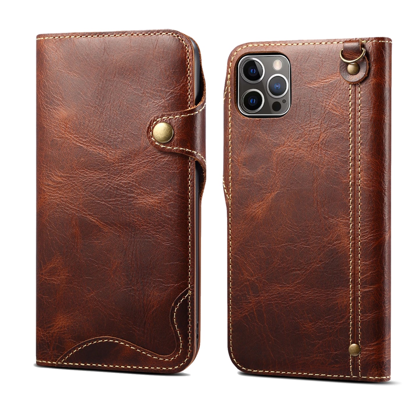 Genuine Cowhide Leather Button Flip Case for iPhone