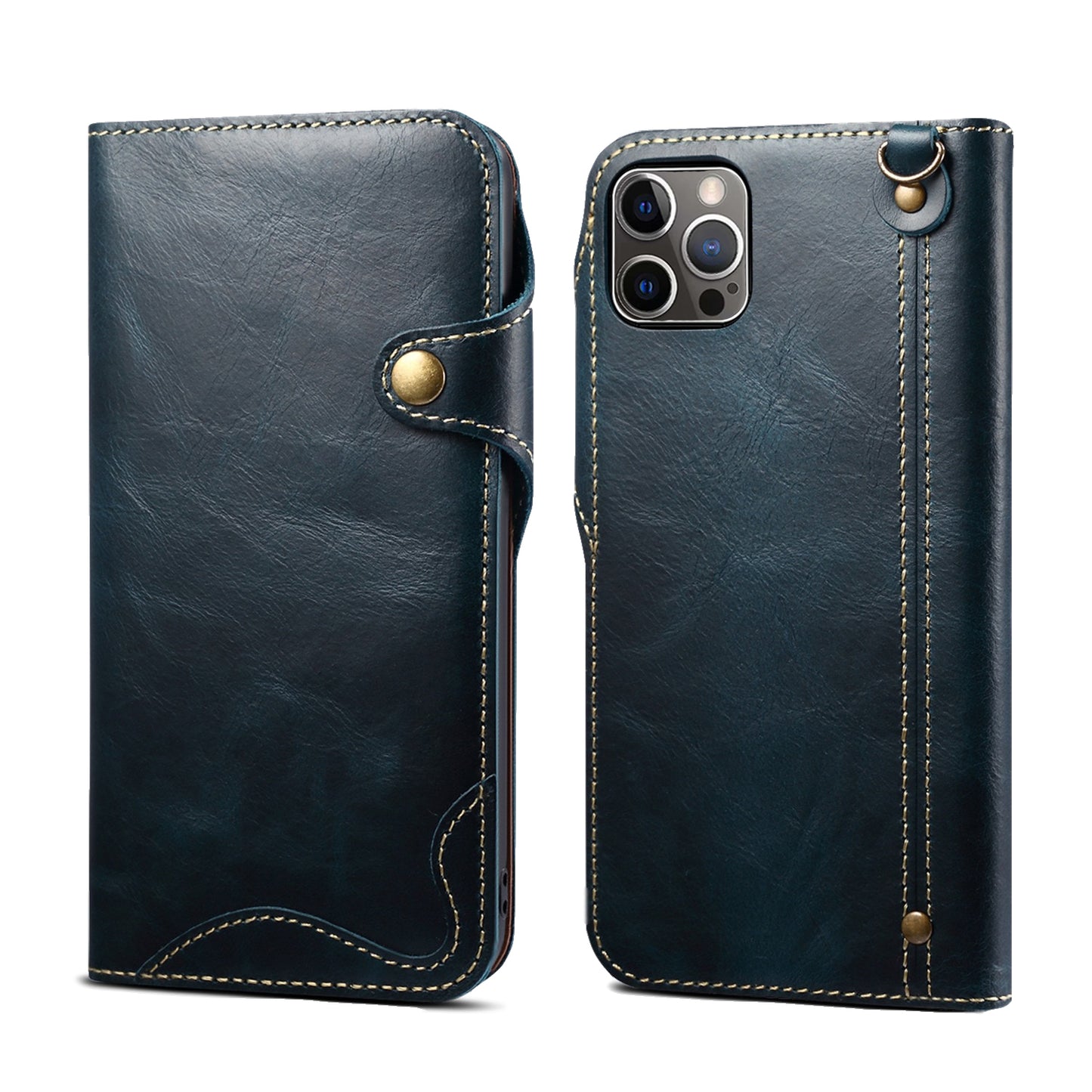 Genuine Cowhide Leather Button Flip Case for iPhone