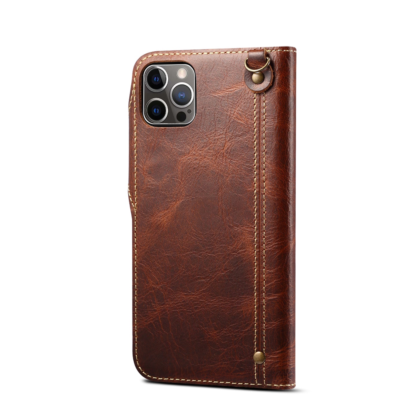 Genuine Cowhide Leather Button Flip Case for iPhone