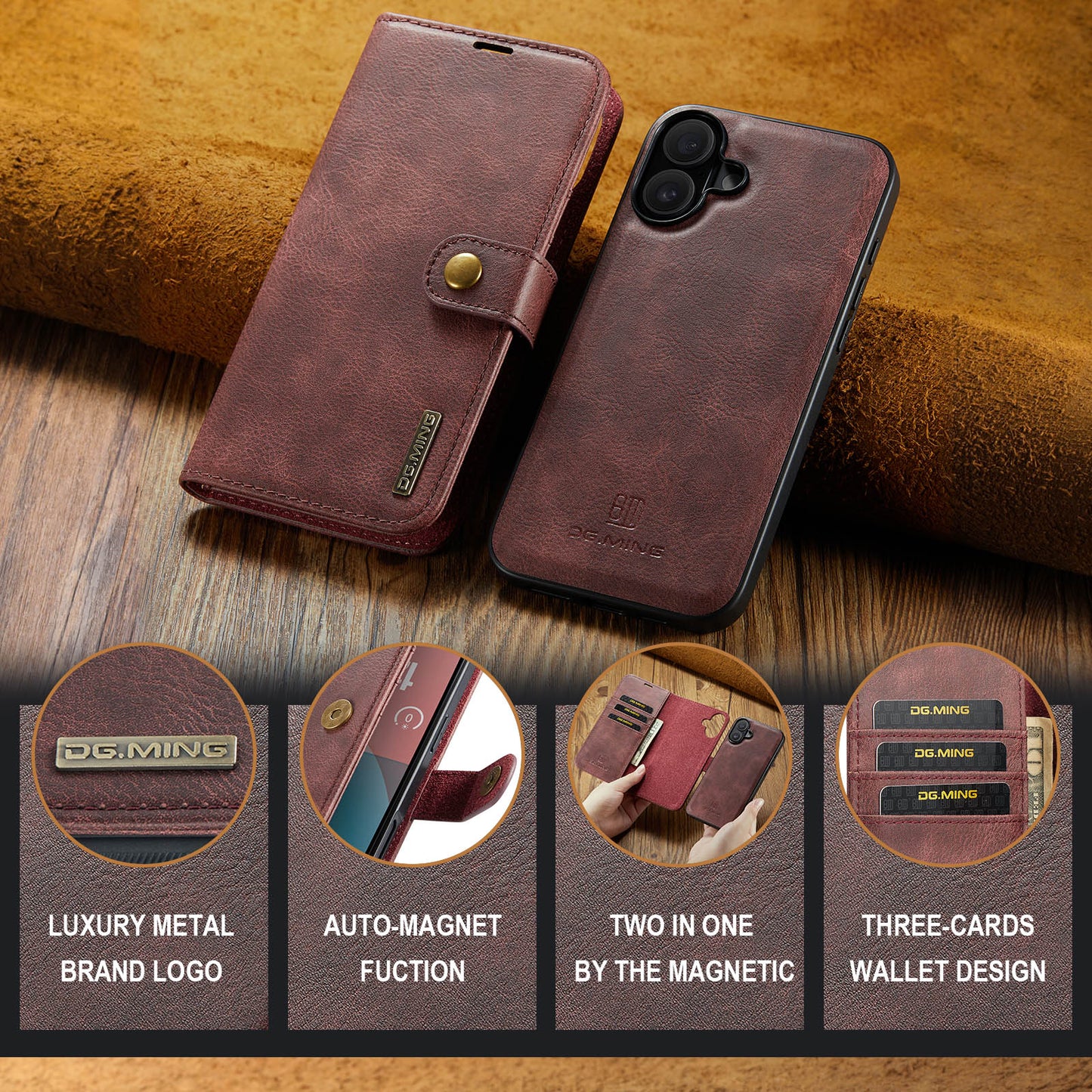 2 in 1 Detachable Flip Leather Case for iPhone 16 Plus