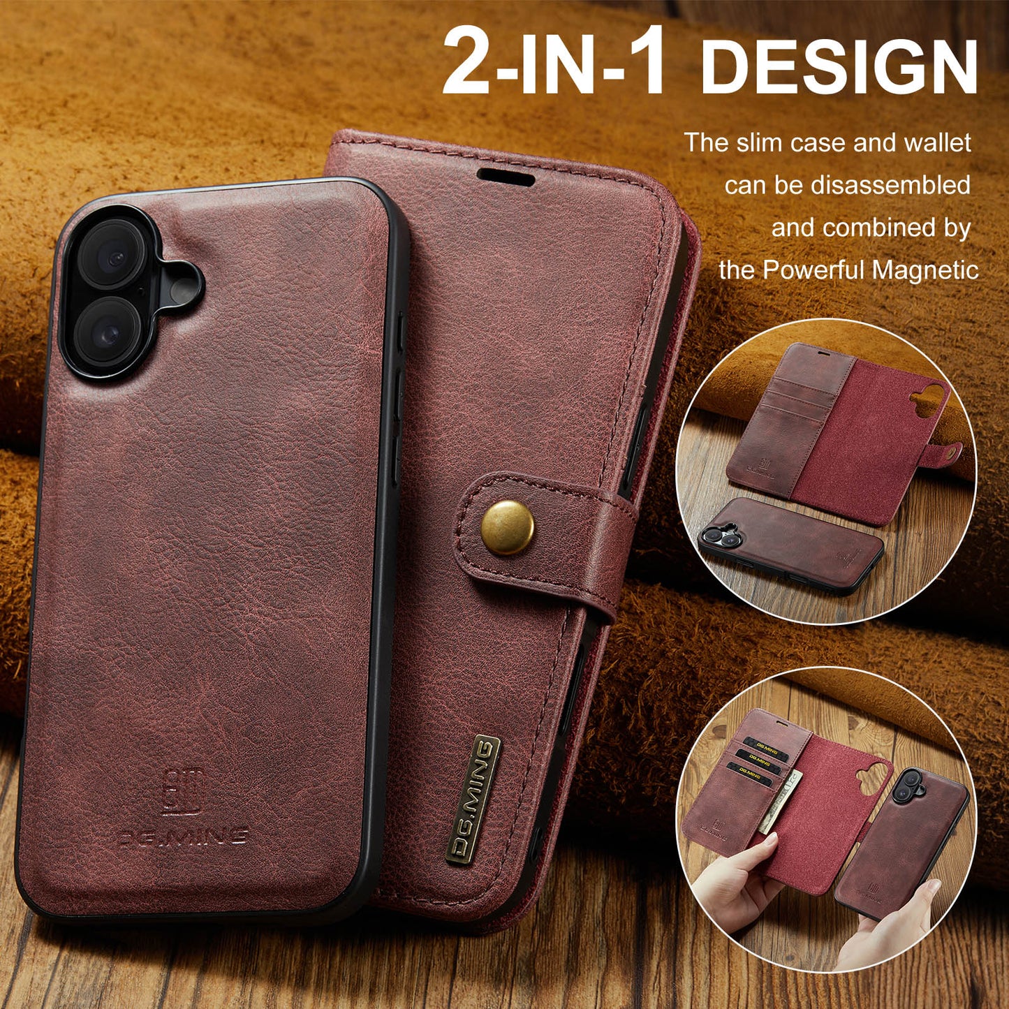 2 in 1 Detachable Flip Leather Case for iPhone 16 Plus