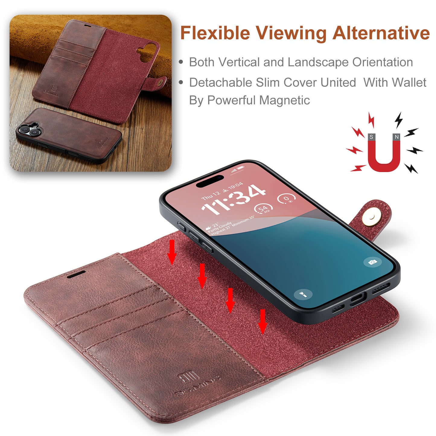 2 in 1 Detachable Flip Leather Case for iPhone 16 Plus