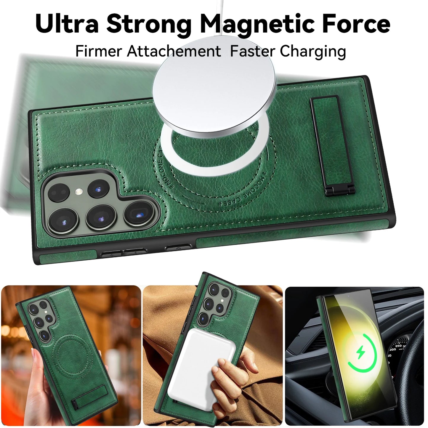 Leather Stand Magnetic Wireless Charging Phone Case with Fall Prevention Cover