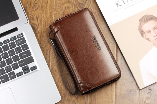 Men's Leather Dual-Zip Business Clutch - Multi-functional Long Wallet Handbag with Card Slots, Professional Grip Bag for Daily Office & Travel