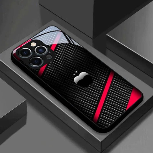 Black Carbon Fiber Apple Pattern Glass Phone Case For iPhone