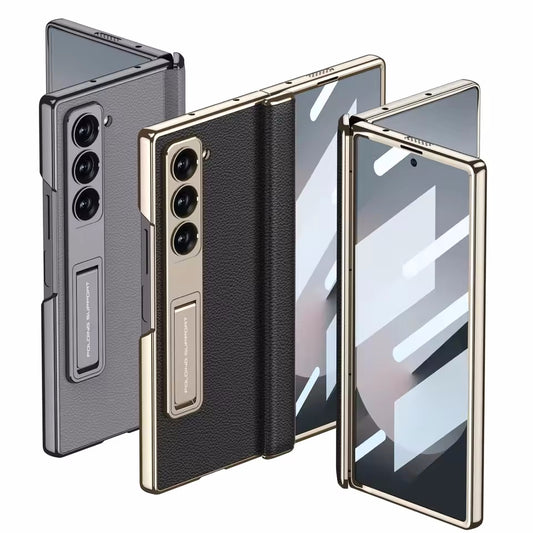 Electroplating Frame Leather Magnetic Hinge Case for Samsung