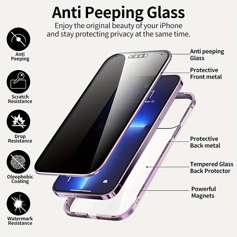 Metal Alloy Magnetic 360° Full Surround Screen HD Anti Peeping Glass Protection Cover Case for iPhone